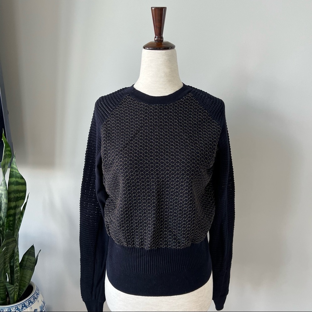 All Saints Navy Crew Neck Sweater with Gold Cross Stitching